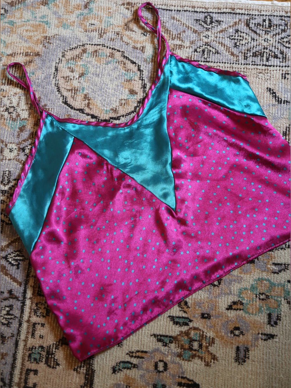 Vintage Pink and Aqua Satin Polka Dot Top